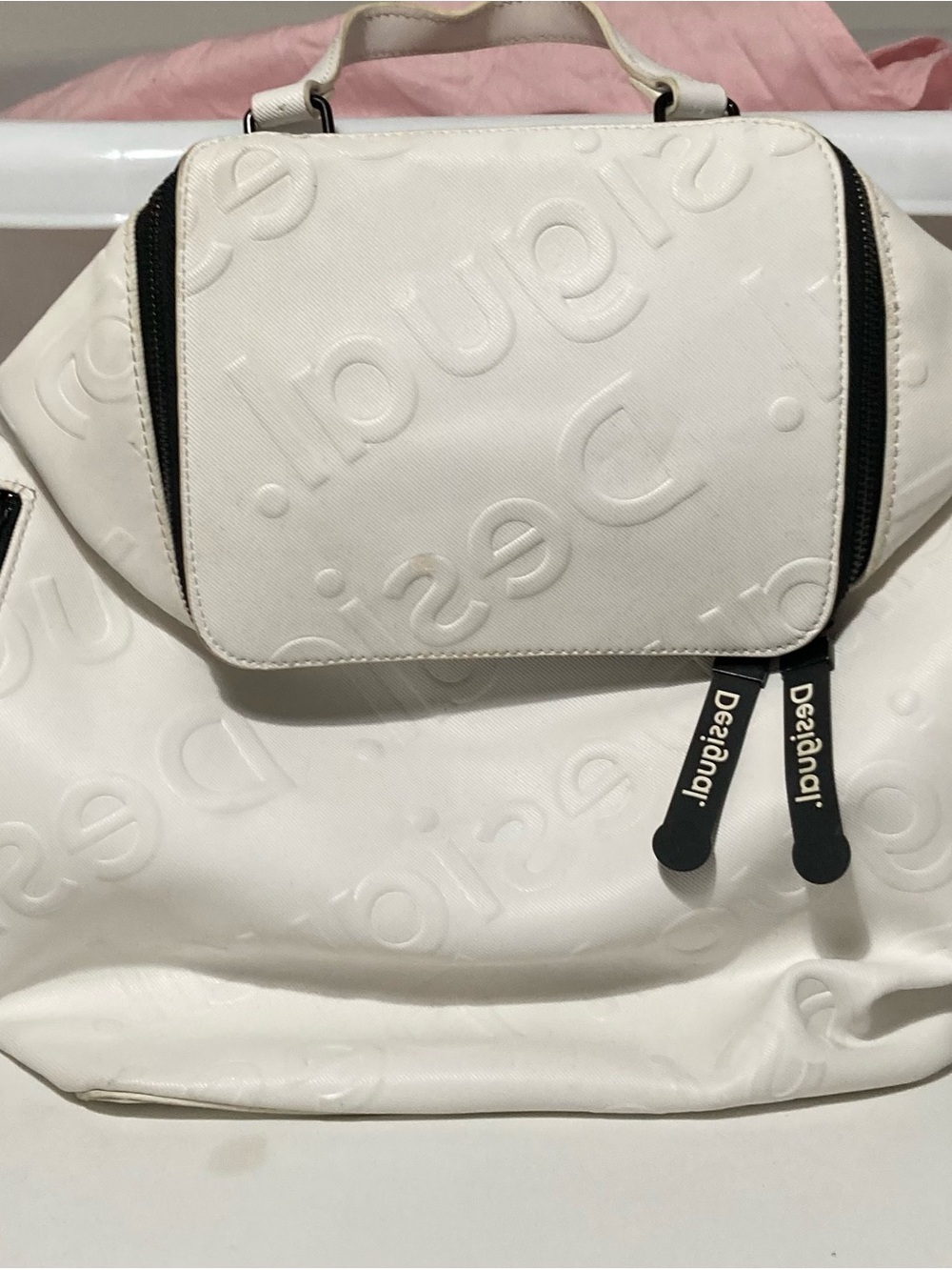 Desigual White Embossed Logo Backpack with Black Zipper Pulls